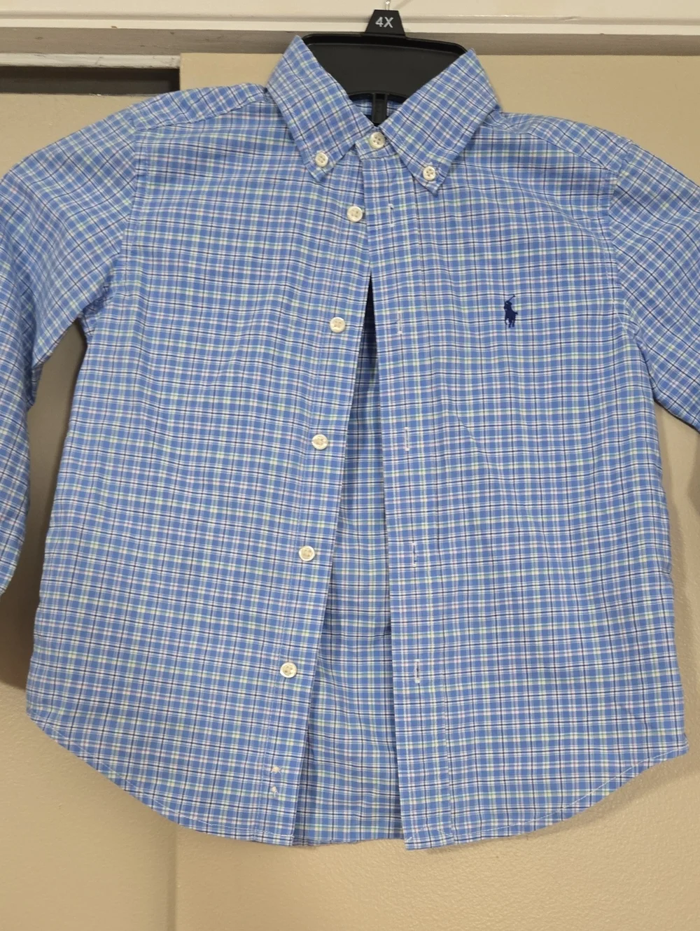 Ralph Lauren Boys Light Blue, Green & White Plaid Button-Down Shirt Size 5